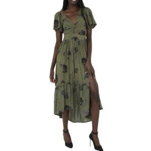 Angie Olive Green Floral Midi Dress with Puff Sleeves size small
